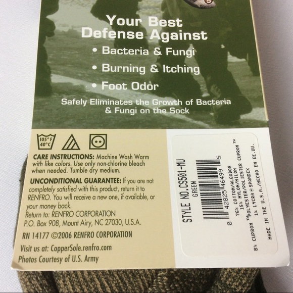 Renfro Copper Sole Military Green Boot Socks Big/Tall Men's Size XL 13-15 2 Pair - Picture 6 of 8